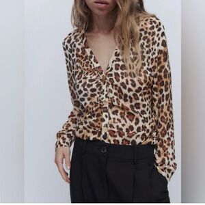 Zara Leopard Print Button-Up Blouse Sz L
